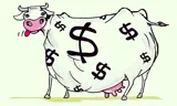 Picture of a drawn cow with dollar signs on.