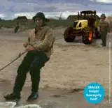 Three men and tractor on beach